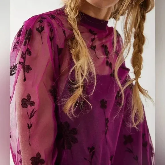 NEW Free People Cecilia Sheer Mini Dress Pink Purple Embroidered Mesh Floral - Picture 3 of 4